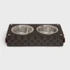 New Double Dog Bowl in Nappa Lambskin with Triomphe Canvas Print and Calfskin Dog Accessories
