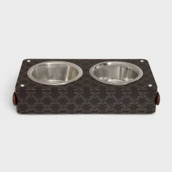 New Double Dog Bowl in Nappa Lambskin with Triomphe Canvas Print and Calfskin Dog Accessories