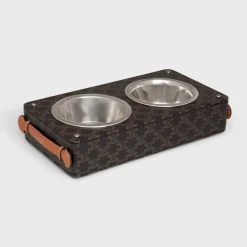 New Double Dog Bowl in Nappa Lambskin with Triomphe Canvas Print and Calfskin Dog Accessories