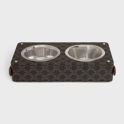 New Double Dog Bowl in Nappa Lambskin with Triomphe Canvas Print and Calfskin Dog Accessories