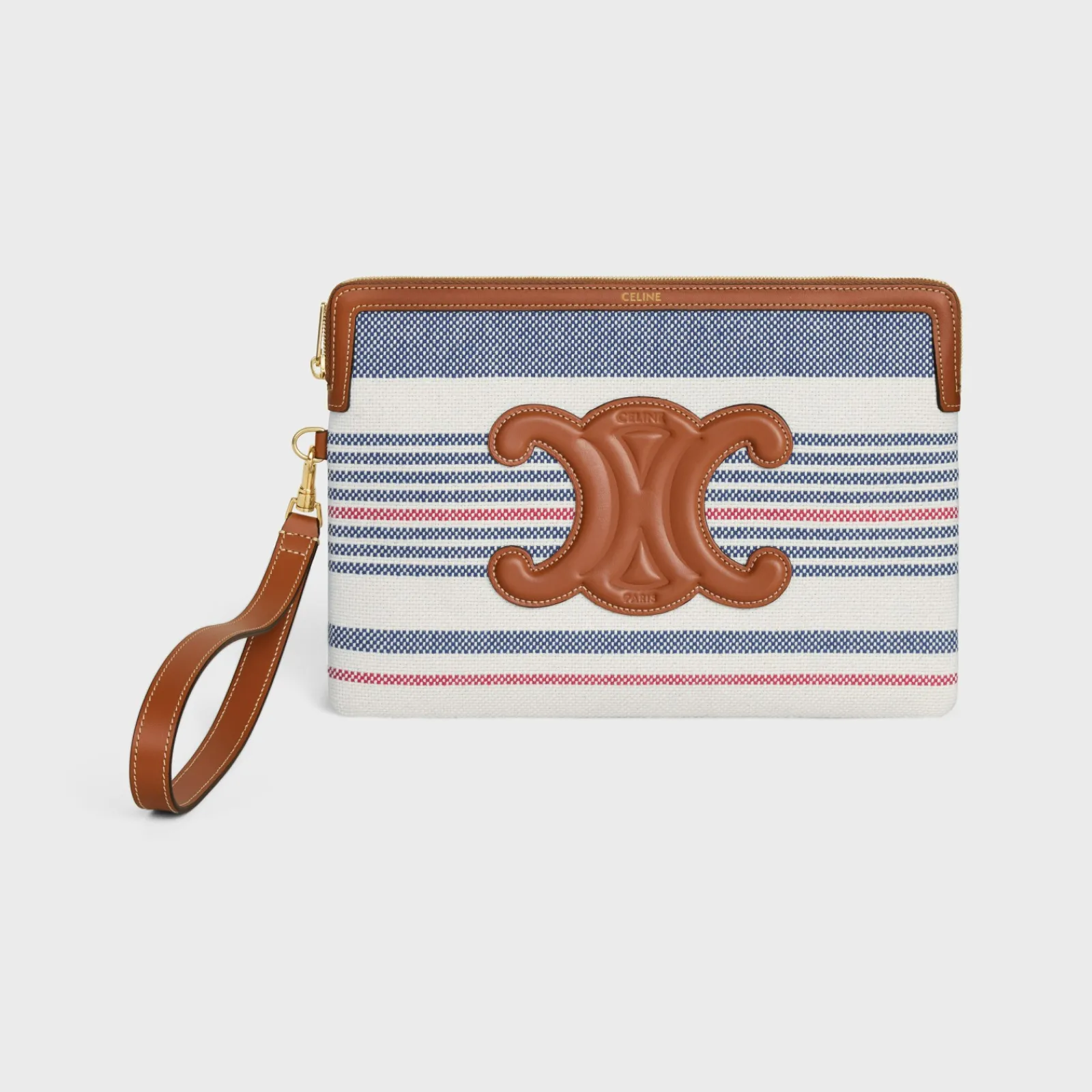 Discount SMALL POUCH WITH STRAP in STRIPED TEXTILE AND CALFSKIN Women More Lines·Cuir Triomphe | Categories·Pouches And Tech Accessories