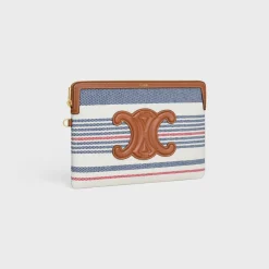 Discount SMALL POUCH WITH STRAP in STRIPED TEXTILE AND CALFSKIN Women More Lines·Cuir Triomphe | Categories·Pouches And Tech Accessories